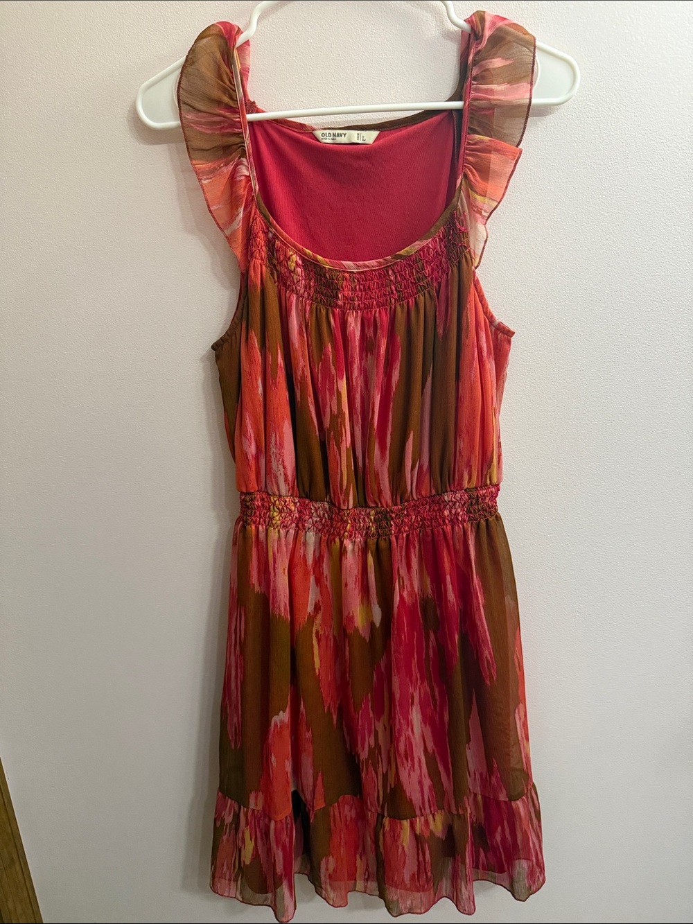 Old Navy Pink and Brown Printed Ruffle-Sleeve Dress